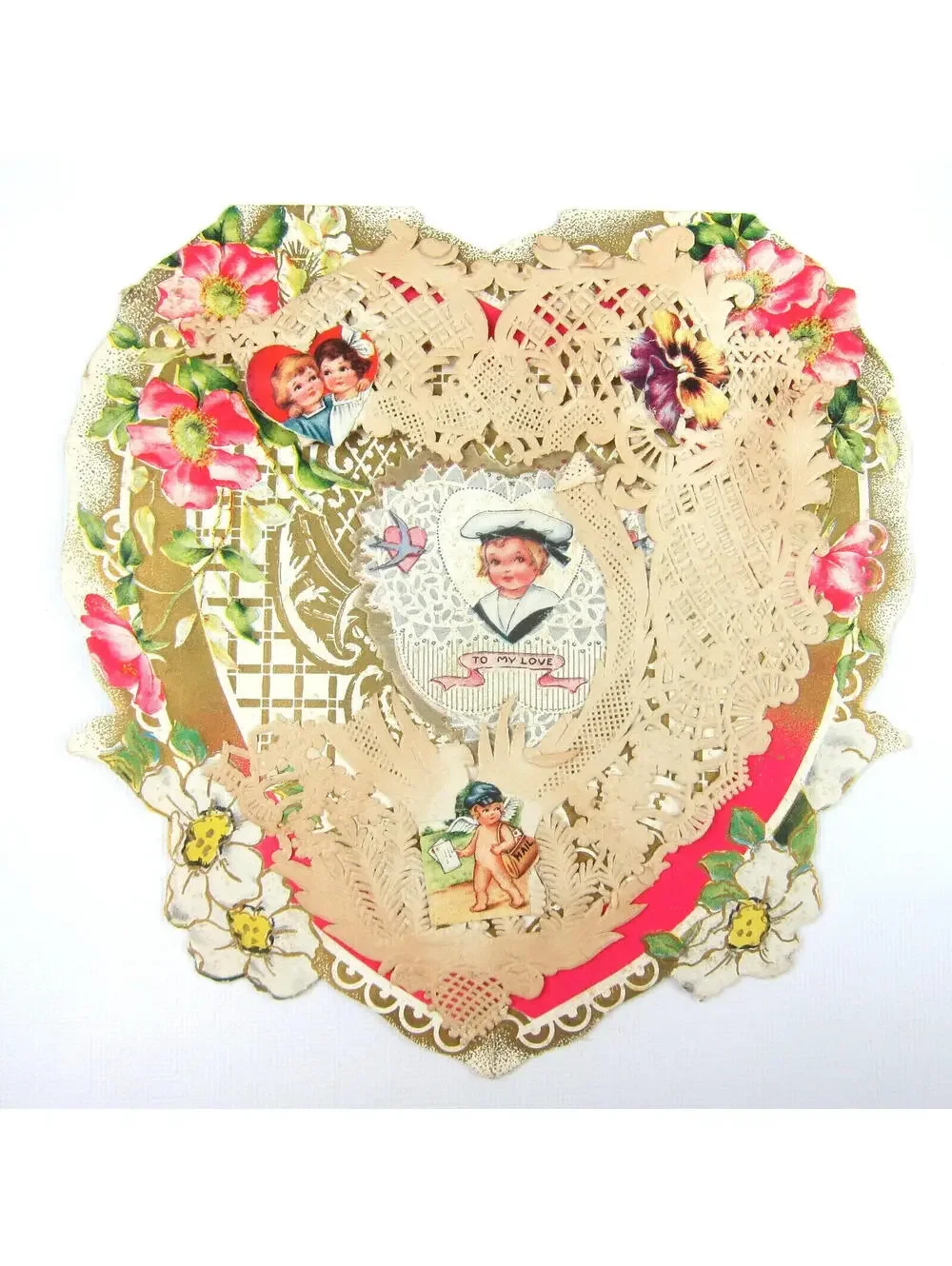 Antique Valentine Die cut Heart LARGE Boy Sailor Angel Girl Fishing UNSIGNED